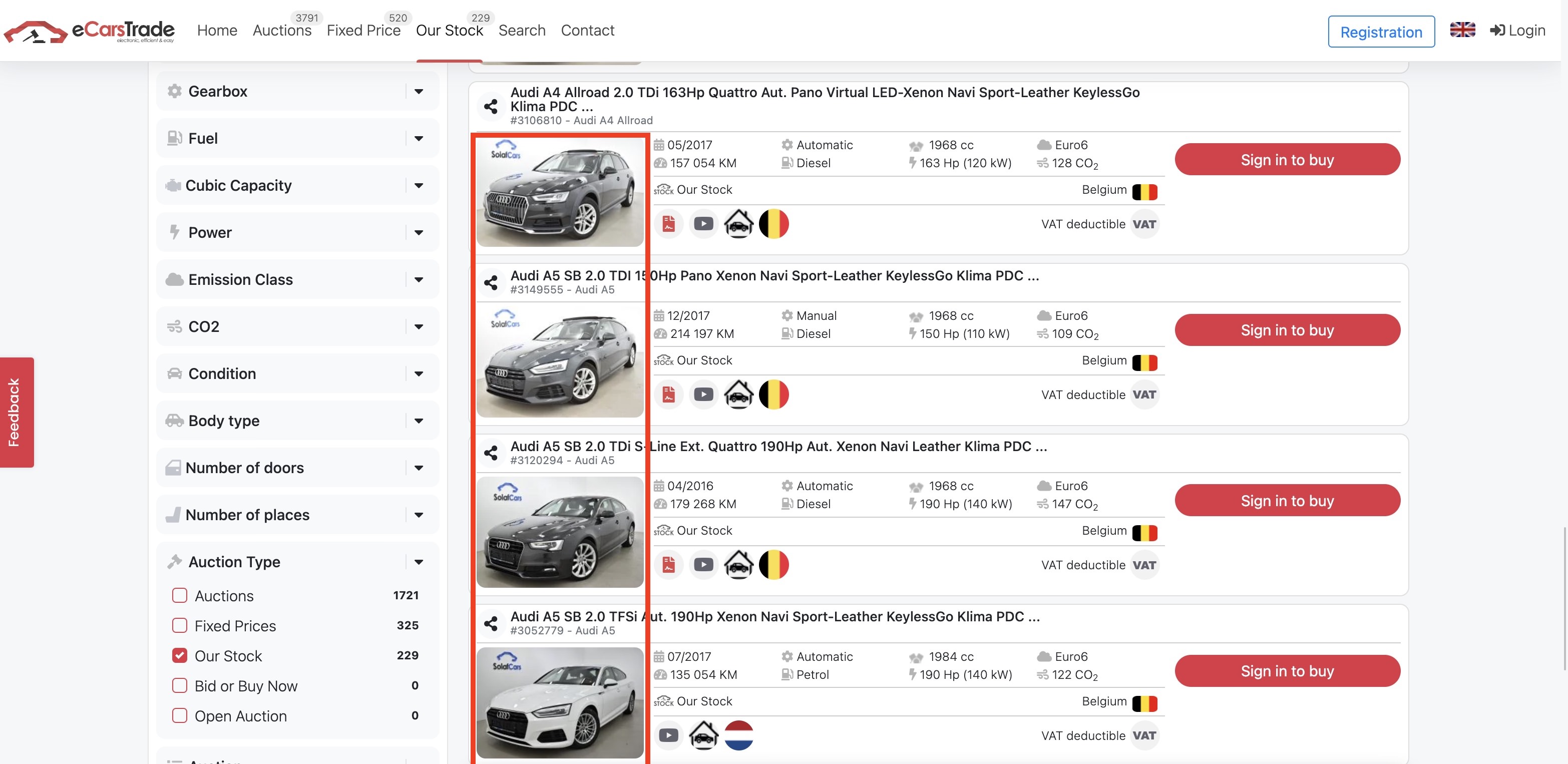eCarsTrade képernyőkép az autók fotóit bemutató weboldalról